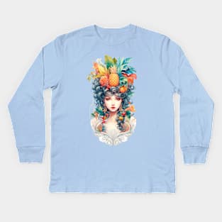 Girl with Fruits and Flowers on her Head Kids Long Sleeve T-Shirt